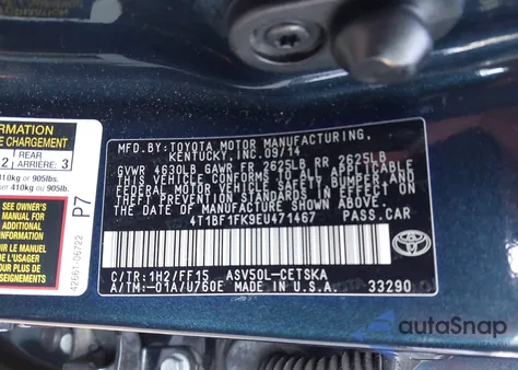 2014 Toyota Camry Se from USA, damaged, VIN 4T1BF1FK9EU471467
